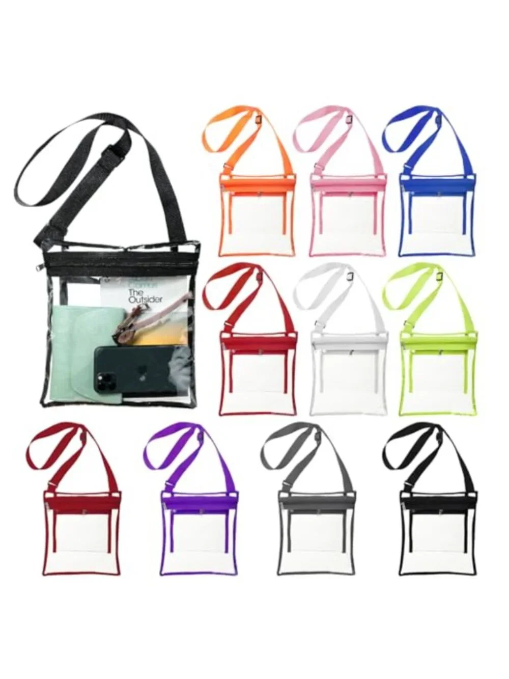 10 Clear PVC Stadium Approved Crossbody Bags with Adjustable Strap, Inner